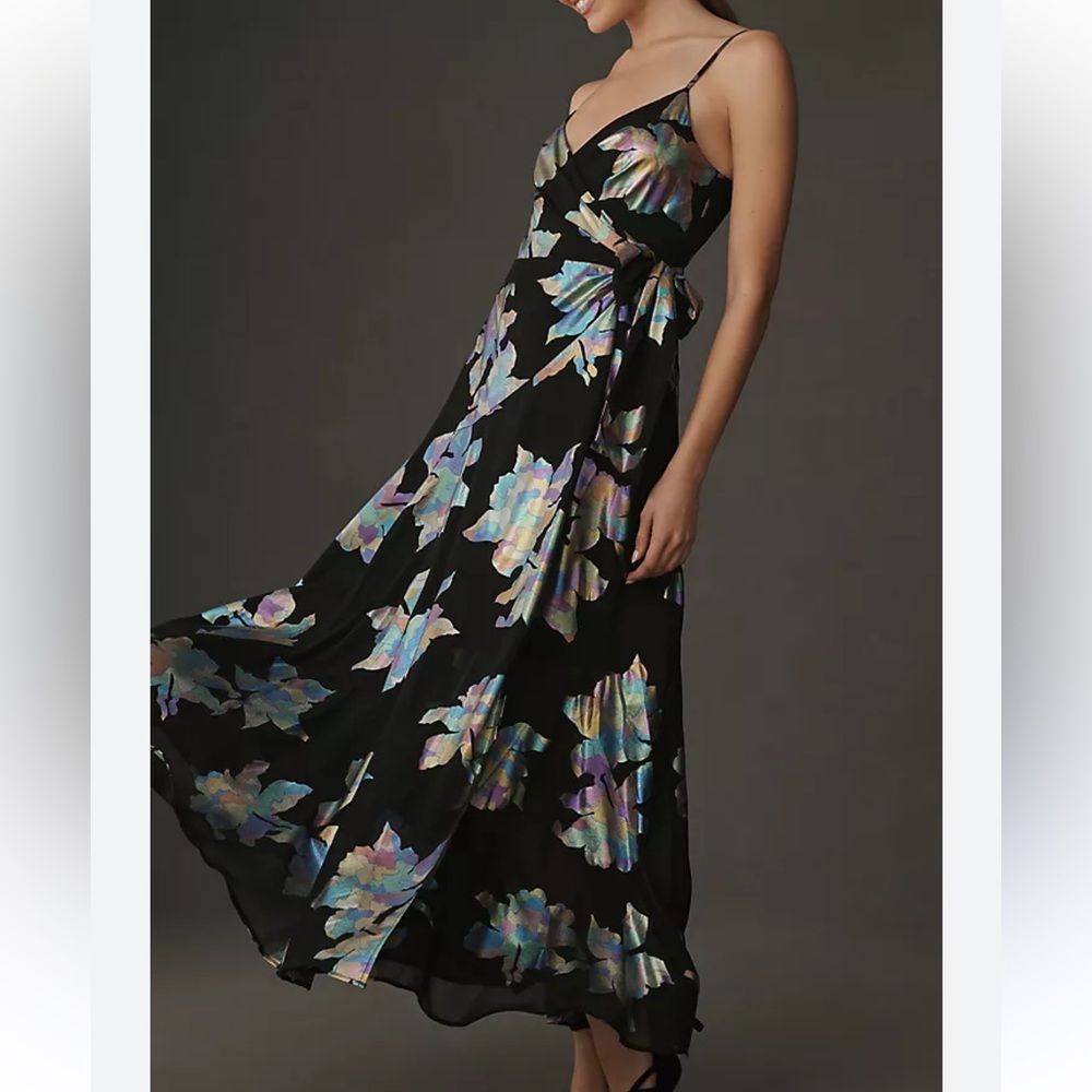 Iridescent wrap maxi floral dress. Anthropologie